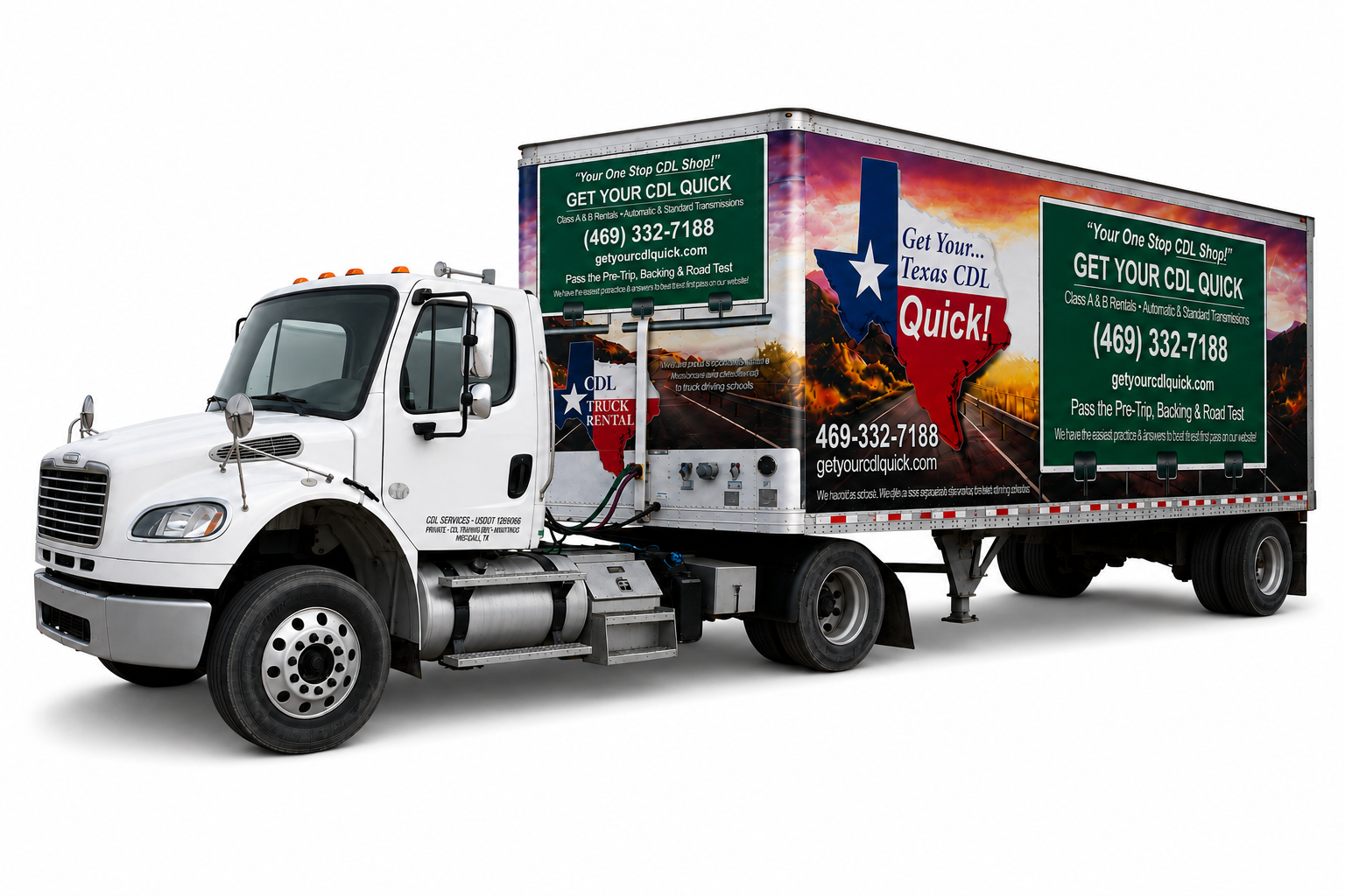 White Freightliner M2 106 tractor with separate 28-foot pup semitrailer