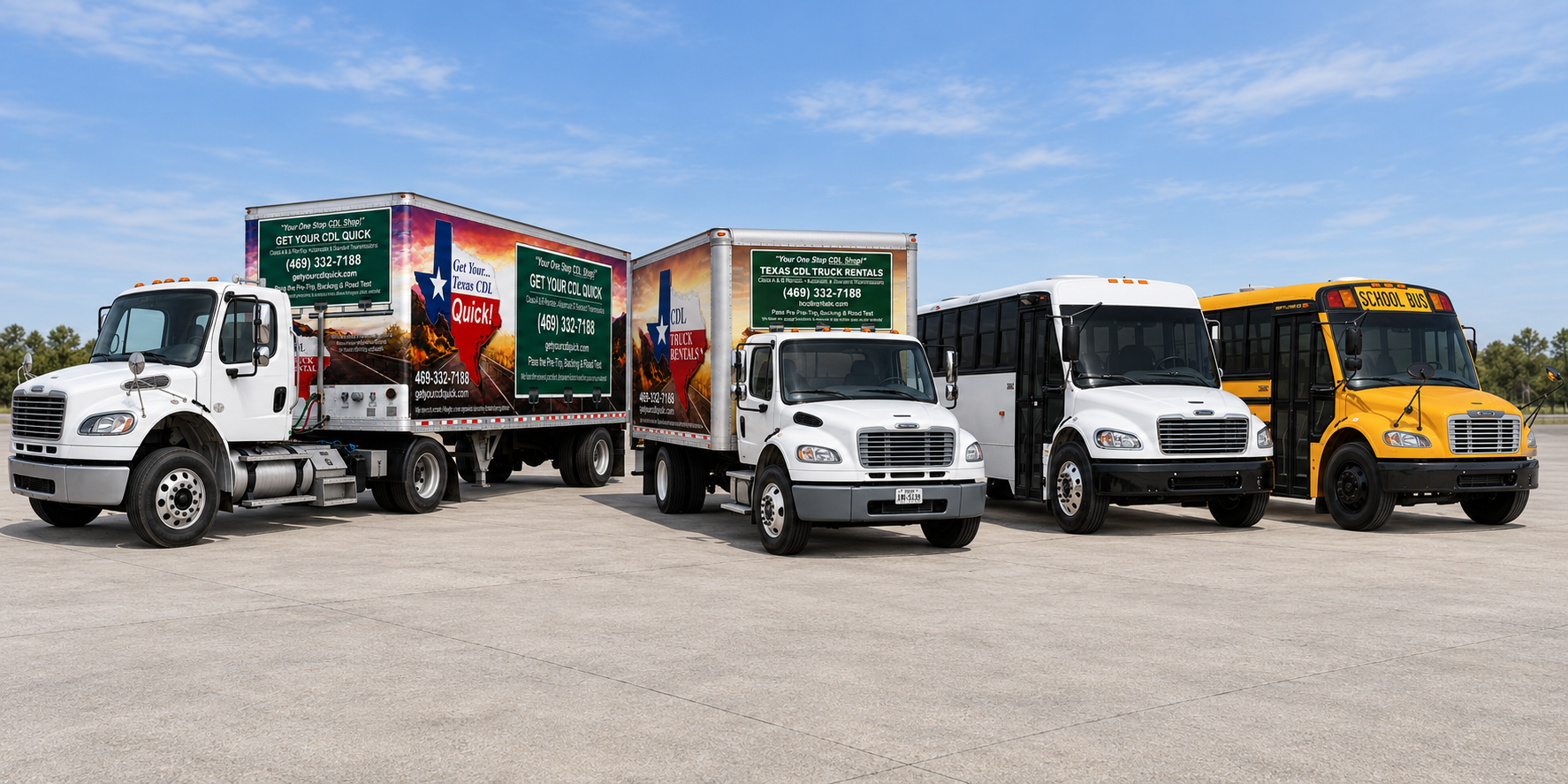 Left to right: Class A M2 106 tractor with 28-foot pup trailer, Class B M2 106, white passenger bus and yellow school bus